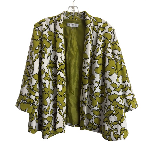 Kasper Jackets & Blazers - Kasper Womens Green White Abstract Floral Open Front Blazer Jacket Plus Size 16W
